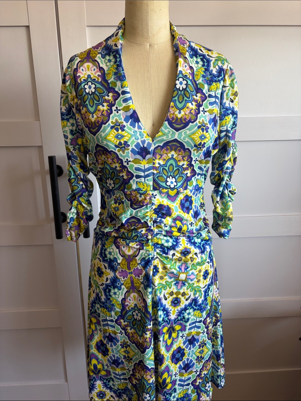 Jade Long-Sleeve Wrap Dress in Blue, Green and Yellow Mosaic